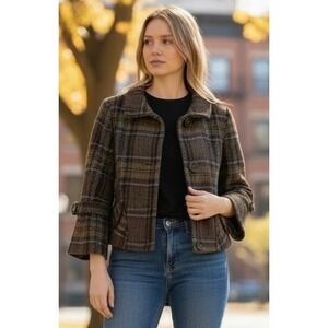 Latte Plaid Wool Blend Cropped Jacket Womens Button Front Bell Sleeve Autumn